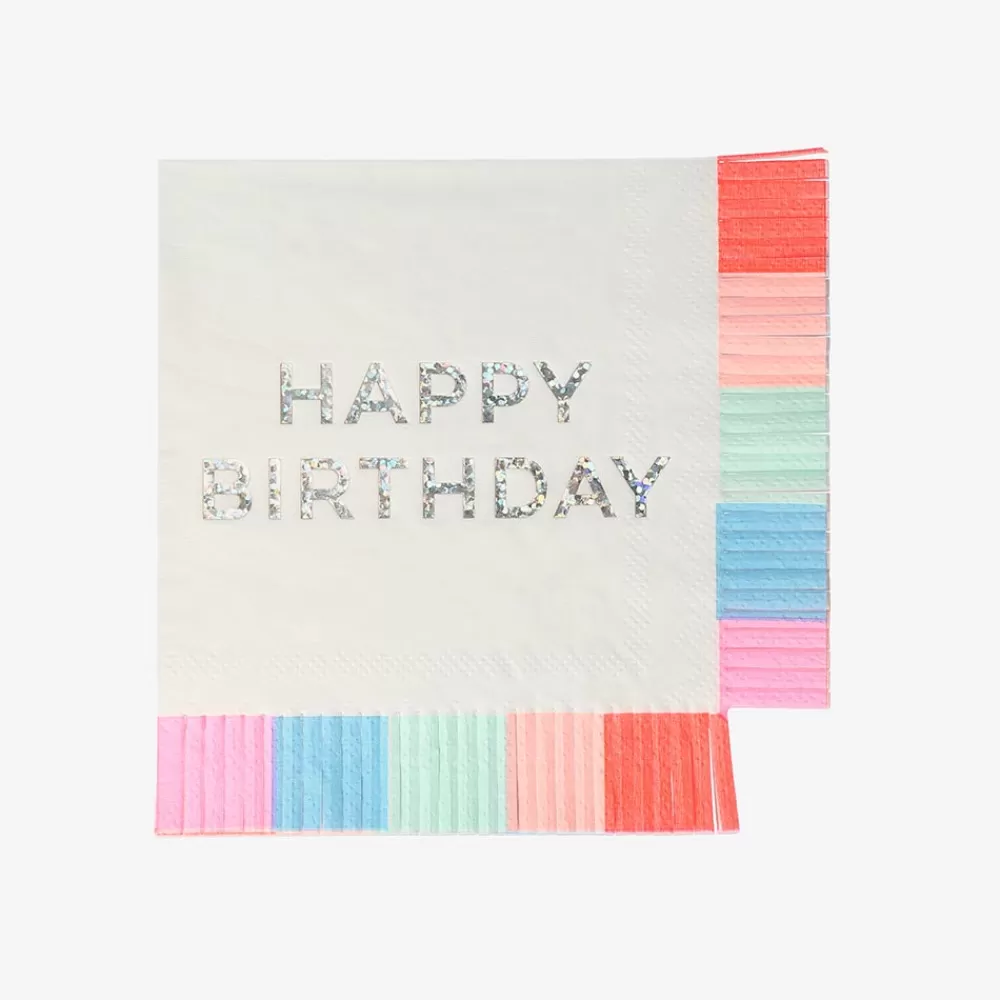 Meri Meri 16 Petites Serviettes A Frange Happy Birthday Iridescent