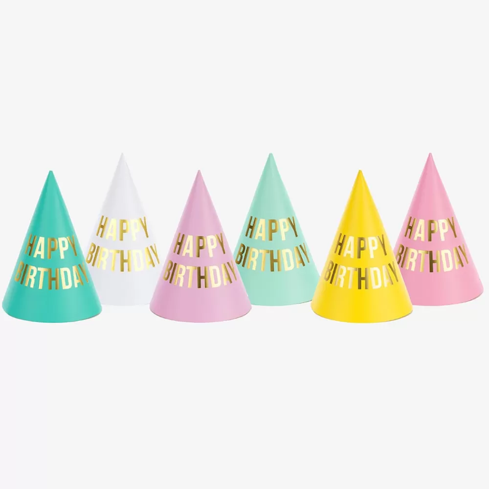 Party Deco 6 Chapeaux Pointus Happy Birthday> Chapeaux Pointus