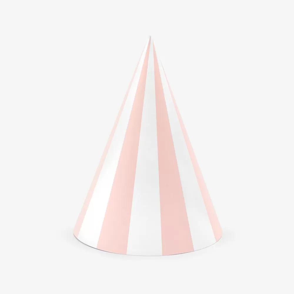 Party Deco 6 Chapeaux Pointus Rayures Rose Clair> Chapeaux Pointus