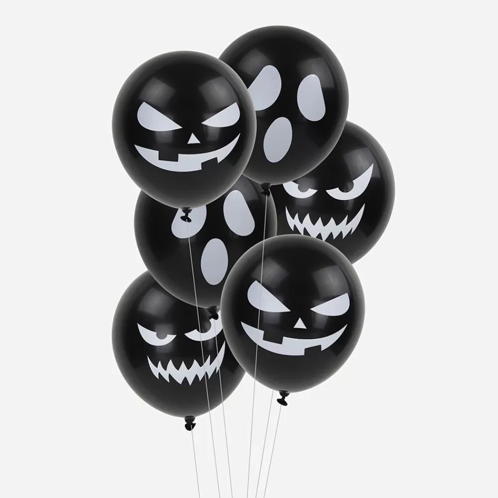 Party Pro Ballons De Baudruche : 6 Ballons Visages Noirs Halloween> Ballons De Baudruche À Motif